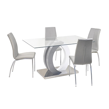 Chintaly BECKY Contemporary Dining Set with Glass Table, Wood & Steel Pedestal and 4 Chairs