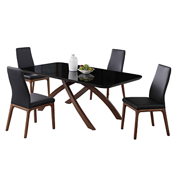 Chintaly EMILY-ROSARIO Dining Set with Black Glass Table & 4 Solid Wood Chairs