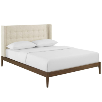 Modway Hadley Wingback Upholstered Polyester Fabric Platform Bed, Queen, Beige